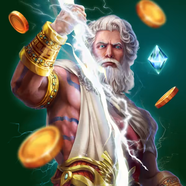 Zeus con rayos representando pagos rápidos y seguros en SpinMaya Casino.