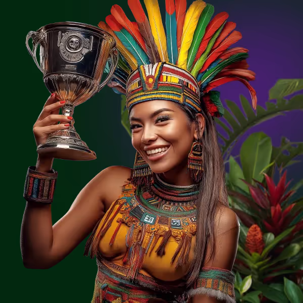 Mujer maya con trofeo celebrando en SpinMaya Casino, promoción principal del casino online.