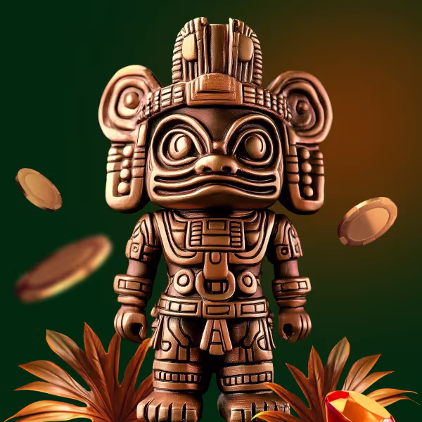 Figura dorada azteca promocionando las ofertas de juegos en SpinMaya Casino.