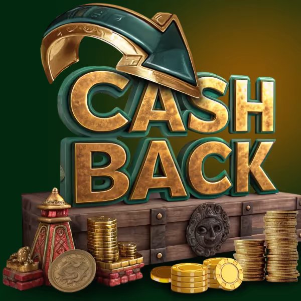 Promoción de Cashback en SpinMaya Casino con monedas de oro y cofre de recompensas.