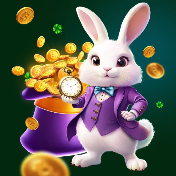 Conejo mágico con monedas doradas, símbolo de premios rápidos en SpinMaya Casino.